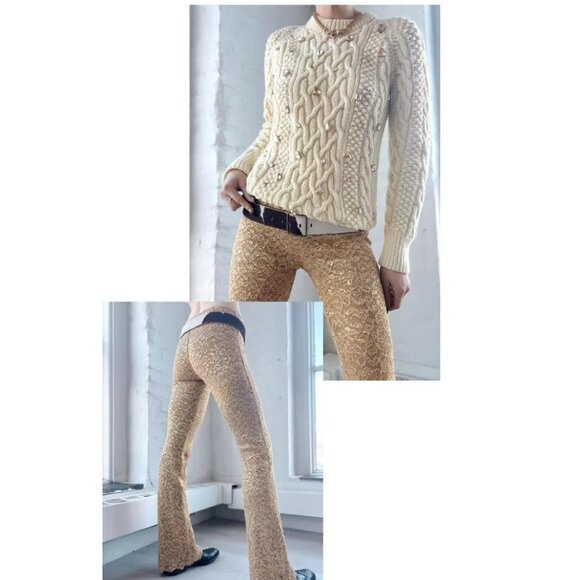 Betsey Johnson RARE 1990s Gold Lace Stretch Flare Pants - Picture 1 of 13